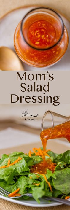 the cover of mom's salad dressing is being drizzled with sauce