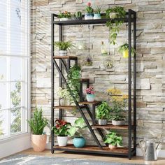 a shelf with plants on it in front of a brick wall