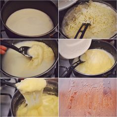 four pictures showing how to make cheese sauce in the pans and stirring them with a ladle