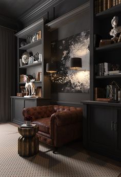 a brown leather couch sitting in front of a book shelf filled with lots of books