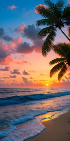 the sun is setting over the ocean with palm trees on the beach and waves coming in