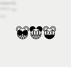 three black and white mouses with their mouths open, one has two ears on it