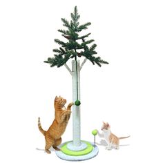 two cats playing with a cat toy in the shape of a tree and another cat standing on its hind legs