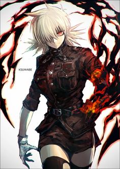 an anime character with white hair and black clothes, standing in front of red flames