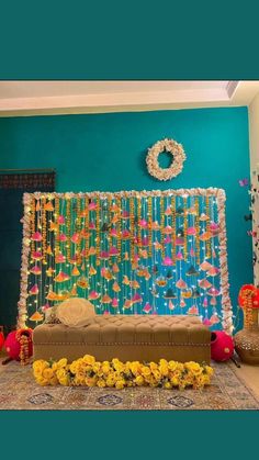 a room decorated with flowers and decorations