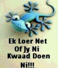 a blue gecko sitting on top of a wall next to a sign that says e k loer net of nyn kwad doen ni