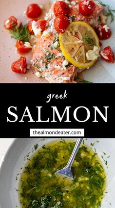 salmon with lemon, tomatoes and herbs in a white bowl