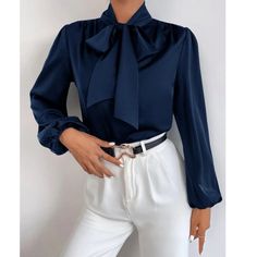 Super Cute And Stylish Ships In 5-10 Business Days Navy Chic Blouse For Spring, Chic Navy Tops For Party, Chic Navy Blouse For Spring, Chic Navy Party Top, Chic Navy Top For Party, Elegant Navy Tops For Spring, Elegant Blue Blouse For Fall, Professional Outfits Women Classy, Blue Blouse Outfit