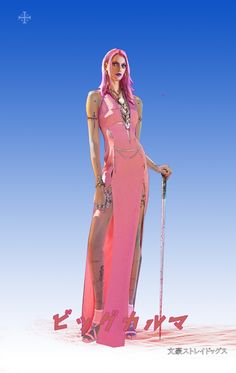 a woman in a pink dress holding a cane and posing for a photo with the sky behind her