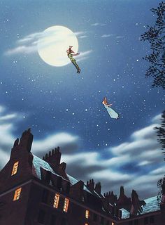 an animated image of a person flying through the air over a building with a full moon in the background