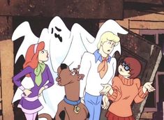 an animated image of three people standing in front of a ghost with two dogs and one cat