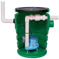 a green and white water tank with pipes connected to the back end, on a white background