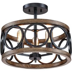 the light fixture is made out of wood and has an iron ring design on it