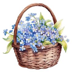 a basket filled with blue flowers sitting on top of a table