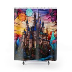 a shower curtain with an image of a castle