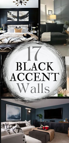 says 17 black accent walls with images of black accent walls in bedroom living room family room and tv room Black Wall Decor Ideas Living Room, Black Matte Accent Wall, Black Wall Styling, Kitchen With Black Accent Wall, Black Painted Walls Dining Room, Black Painted Bathroom Wall, Easy Black Accent Wall, Black Office Wall Decor, Black Painted Kitchen Walls