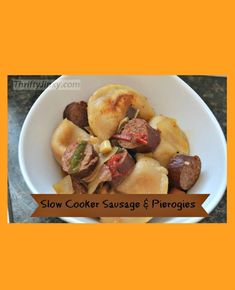 slow cooker sausage and ferroies in a bowl on a counter top with the words slow cooker sausage and ferrages above it