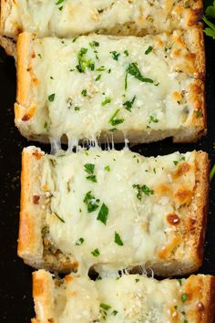 three slices of bread with cheese and herbs