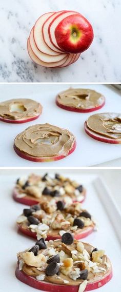 an image of apple slices with peanut butter and toppings on them in the process of being made