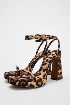 LEOPARD PLATFORM SANDAL High Heel Platform Sandals, Cheetah Heels, Cheetah Print Heels, Leopard Heels, Chunky High Heels, Leather Shirt, Platform High Heels, Pretty Shoes, Zara United States