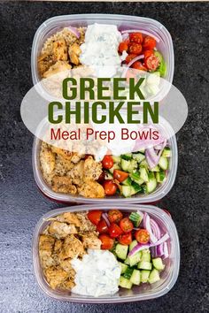 two plastic containers filled with different types of vegetables and meats, the words greek chicken meal prep bowls