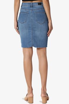 This staple denim mini features a high-waisted fit with slight distressing while a raw-cut hem finishes with edge. Slender pencil silhouette. Stretch denim features hi low raw hem for a on trend look.Zip fly with button closure, blet loop waistband5 pockets, body-conscious fit, soft and stretch denimRaw-edge detail at uneven hem, high riseFits small to US size, take one size larger than normal, S=Size(24-25), M=Size(26-27), L=Size(28-29)Model size : 5'3" height, 34" bust, 24" waist, 34" hip, and Body Conscious, Denim Pencil Skirt, Stretch Denim, Denim Skirt, Pencil Skirt, High Waisted