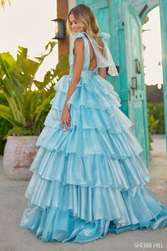 Sherri Hill 56127 Sparkle tulle ball gown with ruffle skirt, bow embellished straps, and skirt slit. Tiered Prom Dress, Ruffle Prom Dress, A Line Prom Dress, Sherri Hill Prom, Sherri Hill Prom Dresses, Prom Long, Tulle Ball Gown, Sherri Hill Dresses, Gown Prom