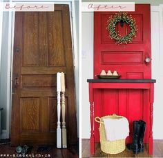 the before and after pictures show how to paint an old front door with red paint