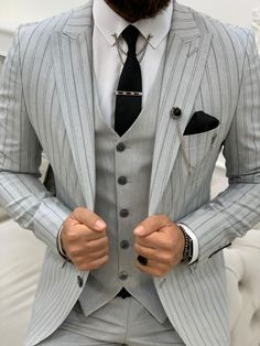 Italian Style Suit, Prom Men, Vest And Pants, Light Grey Suits, Men's Business Suits, Slim Fit Suit Men, Striped Suit, Pants Gift, Suit Material