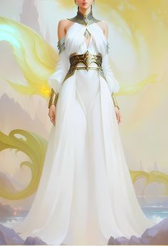 White Gold Fantasy Dress, White And Gold Fantasy Outfit, White And Gold Fantasy Robes, Fantasy Angel Outfit, Athena Outfit Aesthetic, Godlike Outfits, Oracle Outfit, Fantasy Dress Goddesses, Fantasy Royal Clothing