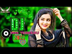 a woman in black dress standing next to a green background with the words dj on it