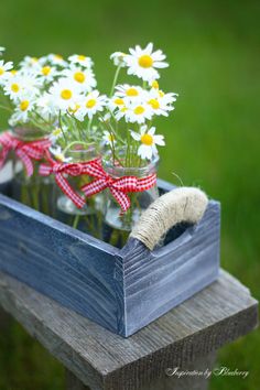 some daisies are in a wooden box on a bench with the words feliz viernes