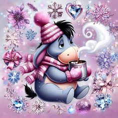 a cartoon character is holding a cup of coffee and wearing a pink hat with snowflakes around it