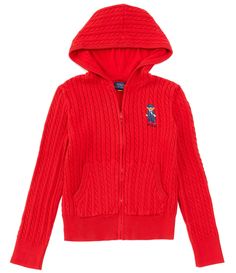 From Polo Ralph Lauren&#x2C; this hooded sweater features:Classic&#x2C; cable-knit patternAttached hoodLong sleeves with rib-knit cuffsZip-front closurePolo bear and Polo embroidered on the left side of the chestSplit kangaroo pocketRib-knit hemSoft combed cottonMachine wash/tumble dryImported. Classic American Style, Ralph Lauren Kids, Polo Bear, Ralph Lauren Collection, Long Sleeve Polo, Girls Sweaters, Hooded Sweater, Dillard's, Polo Ralph