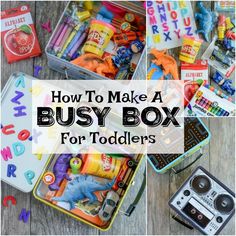 various toys are shown with the words how to make a busy box for toddlers