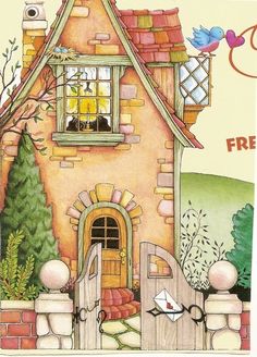 there is a card with a house on the front and an image of a cat in the window