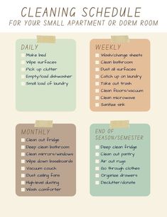 Best Cleaning Schedule for Dorm or Small Apartment Cleaning Schedule Studio Apartment, How To Keep Apartment Clean, Organizing Studio Apartment, How To Clean My Room Fast, Studio Apartment Tips, Studio Apartment Checklist, Ways To Keep Your Room Clean, How To Clean Room Fast, Cozy Studio Apartment Ideas Small Spaces