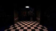 a black and white checkered floor in a dark room