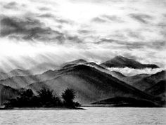 a black and white drawing of the sun shining through clouds over water with mountains in the background