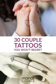 two people holding hands with the words 30 couple tattoos you won't regt