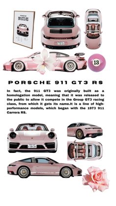 an advertisement with pink cars and flowers on it