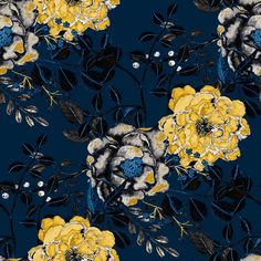 yellow and blue flowers with leaves on a dark background seamless wallpaper, suitable to use