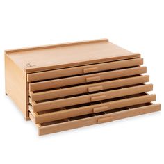 four wooden drawers stacked on top of each other with one drawer open and the other closed