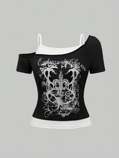 Blanco y Negro Casual Collar manga corta Tela tejida Gráfico  Embellished Estiramiento medio Shein Grunge Clothes, Black Grunge Clothes, Emo Shirt Designs, Grunge Shirt Design, Emo Tops, Grunge Shirts, Grunge Crop Top, Rock Music Festival, Punk Tops