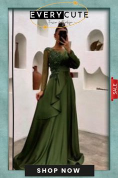 Women's Green Round Neck Embroidered Dress Embellished Green Dresses For Fall, Embellished Green Dress For Fall, Fall Green Embellished Dresses, Fall Embellished Green Dresses, Elegant Green Embroidered Long Sleeve Dress, Elegant Long Sleeve Green Embroidered Dress, Green Long Sleeve Embroidered Party Dress, Embroidered Dress, Round Neck