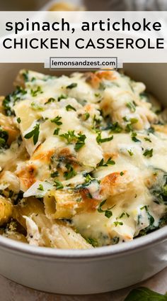 spinach, artichoke and chicken casserole in a white bowl with text overlay