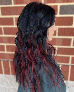 Black Hair With Color Extensions, Dark Hair With Pops Of Color, Fall Hair Colors For Dark Hair, Dark Spring Hair, Unique Dark Hair Color Ideas, Spring Hair Color Ideas For Brunettes, Fun Fall Hair Colors, Hair Extension Ideas, Fall Hair Inspiration