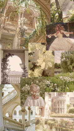 a collage of photos with white flowers and buildings in the background, including stairs