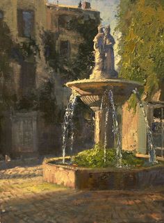 an oil painting of a fountain with two people on it