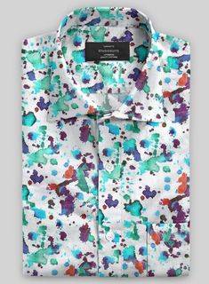 Let our Italian Linen Milimo Shirt grace you with a breezy style statement this season. Crafted from pure linen, our shirt style resembles a beautiful canvas of paint splatter artwork with green, purple and blue shades, a classy choice for a beach party or themed birthday bash.  Furthermore, the linen fabric brings a cool and invigorating ambiance to each wear. So give a creative swivel to your look with our shirt that blends effortlessly into the throng.  Made according to your measurements for Harris Tweed Suit, Tweed Shirt, Cashmere Suit, Breezy Style, Tweed Pants, Custom Made Suits, Free Fabric Samples, Linen Jackets, Linen Suit